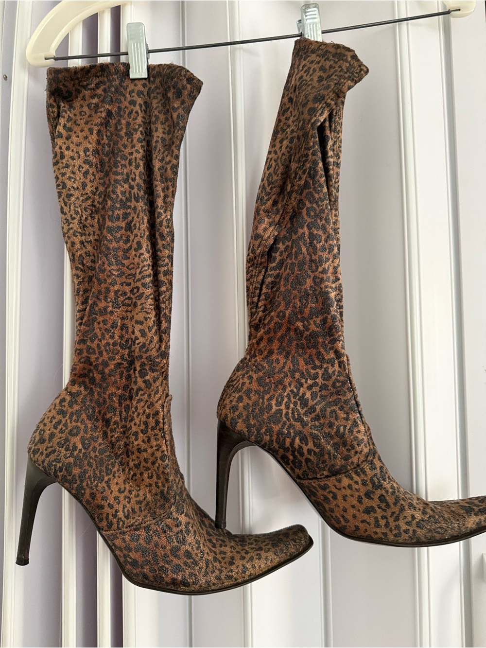 Leopard Print stretchy velvety Knee-High Stiletto Boots - Brown